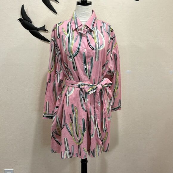 Sorry, Too Much Love Saguaro Cactus Print Cotton Shirt Dress With Belt - Pink XL - Picture 1 of 12